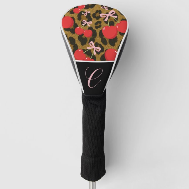 Rote Kirschen mit rosa Bow Coquette Leopard Print Golf Headcover (Vorderseite)