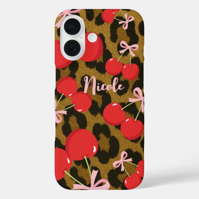 Rote Kirschen mit rosa Bow Coquette Leopard Print iPhone 16 Hülle (Rückseite)