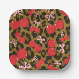 Rote Kirschen mit rosa Bow Coquette Leopard Print Pappteller