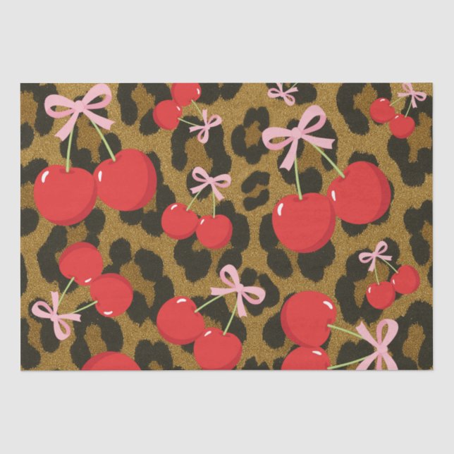 Rote Kirschen mit rosa Bow Coquette Leopard Print Seidenpapier (Vorderseite)