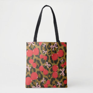 Rote Kirschen mit rosa Schleife Coquette-Leoparden Tasche