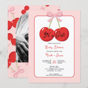 Rote Kirschen mit rosa Schleife-Kokette-Babyshower Einladung