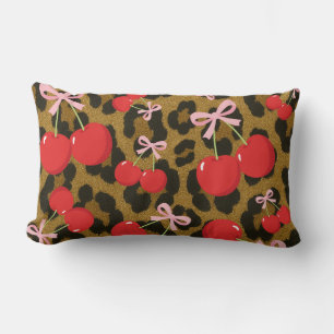 Rote Kirschen mit rosa Schleife Koketten-Leoparden Lendenkissen