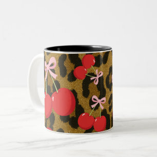 Rote Kirschen mit rosa Schleife Koketten-Leoparden Zweifarbige Tasse