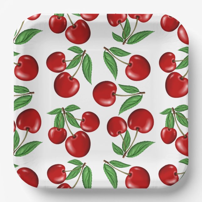 rote Kirschen Retro-Grafik drucken Pappteller (Vorderseite)