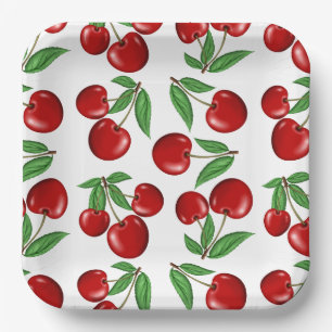 Rote Kirschen Retro-Style-Grafikdruck Pappteller