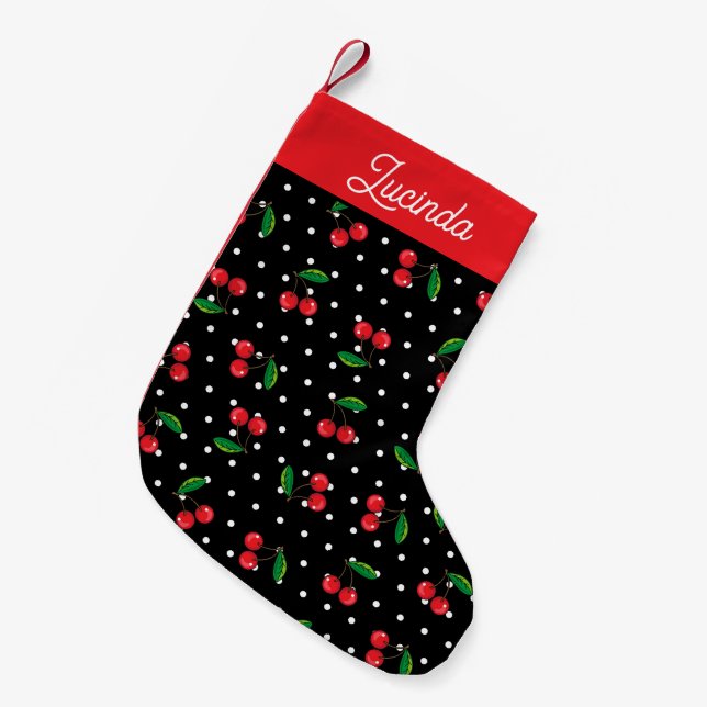 Rote Kirschen und Polka Dots Retro 1950er Schwarz Kleiner Weihnachtsstrumpf (Vorderansicht (hängend))