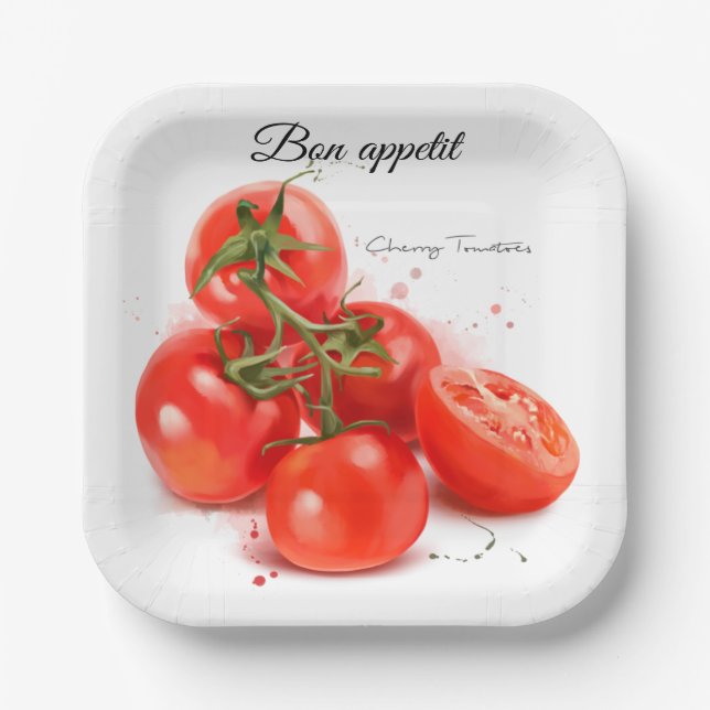 Rote Kirschtomaten und Spray Aquarell Pappteller (Vorderseite)