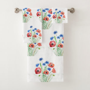 Rote Klatschmohnblumen Blaue Kornblumen Floral Fri Badhandtuch Set