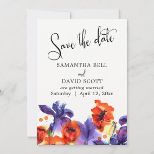 Rote Klatschmohnblumen, violette Schwertlilien Aqu Save The Date
