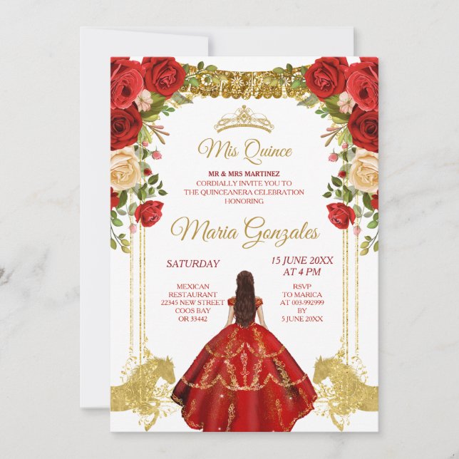 Rote Kleider mexikanische Blume Quinceañera Einladung (Vorderseite)