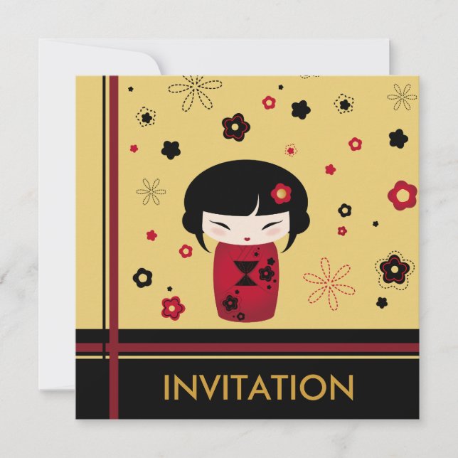 Rote Kokeshi Einladung (Vorderseite)