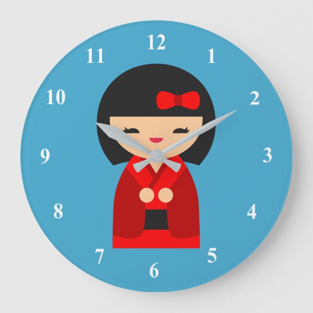 Rote Kokeshi Japanische Puppen Große Wanduhr (Vorderseite)