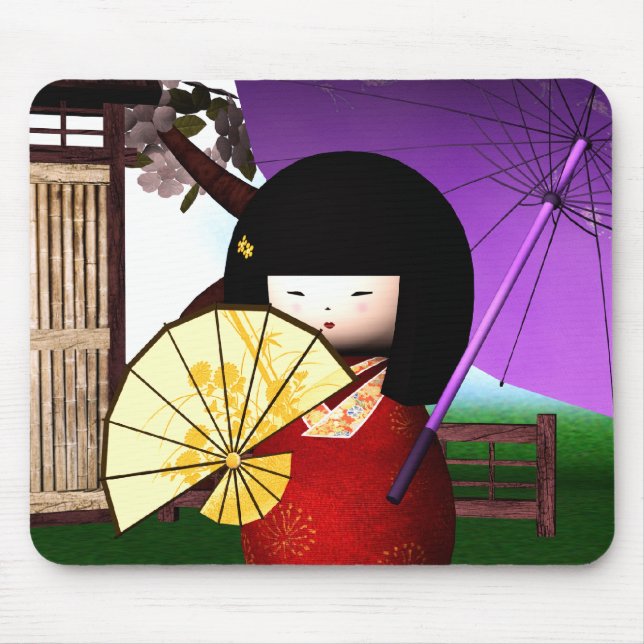 Rote Kokeshi Puppen-Kunst Mousepad (Vorne)