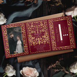 Rote Königliche Hochzeit des Mittelalters Dreifach Gefaltete Einladung