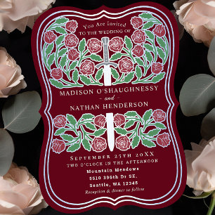 Rote königliche mittelalterliche Blumen-Silber-Sch Einladung