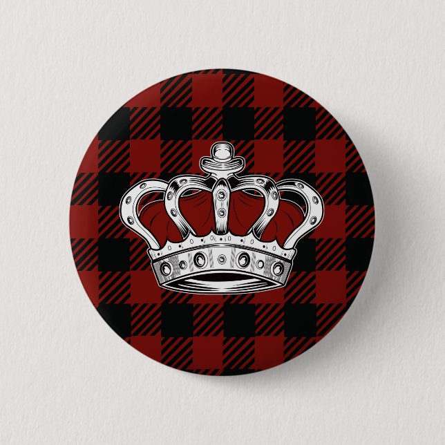 Rote Königskrone Schwarz Rot Gingham Button (Vorderseite)