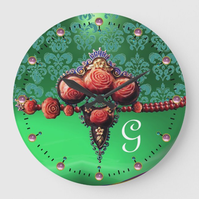 ROTE KORALE ROSE, AQUA BLAU GRÜNES DAMASK-MONOGRAM GROßE WANDUHR (Vorderseite)