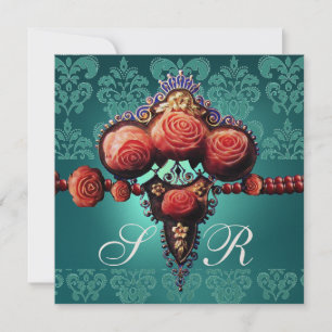 ROTE KORALE ROSE, AQUA BLUE BLACK DAMASK MONOGRAMM EINLADUNG
