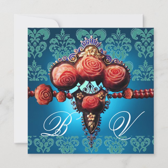 ROTE KORALE ROSE, AQUA BLUE BLACK DAMASK MONOGRAMM EINLADUNG (Vorderseite)