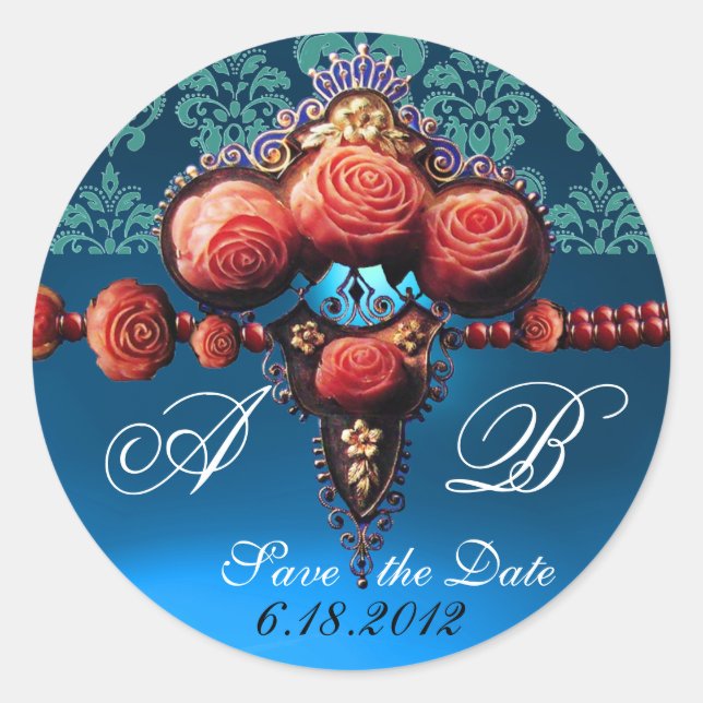ROTE KORALE ROSE, AQUA BLUE BLACK DAMASK MONOGRAMM RUNDER AUFKLEBER (Vorderseite)