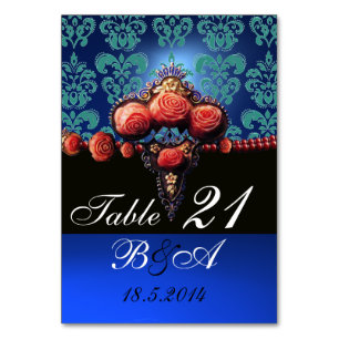 ROTE KORALE ROSE, AQUA BLUE BLACK DAMASK MONOGRAMM TISCHNUMMER
