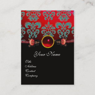 ROTE KORALE ROSE, AQUA BLUE BLACK DAMASK MONOGRAMM VISITENKARTE