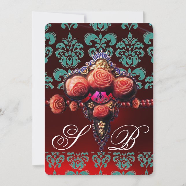 ROTE KORALE ROSE, AQUAMARINES BLUE BLACK DAMASK MO EINLADUNG (Vorderseite)