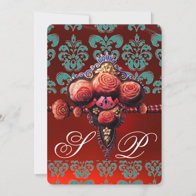ROTE KORALE ROSE, AQUAMARINES BLUE BLACK DAMASK MO EINLADUNG (Vorderseite)