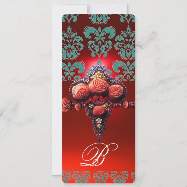 ROTE KORALE ROSE, AQUAMARINES BLUE BLACK DAMASK MO EINLADUNG (Vorderseite)