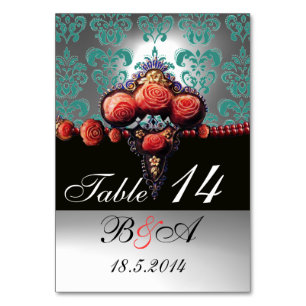 ROTE KORALE ROSE, BLACK BLAU WHUE DAMASK MONOGRAM TISCHNUMMER