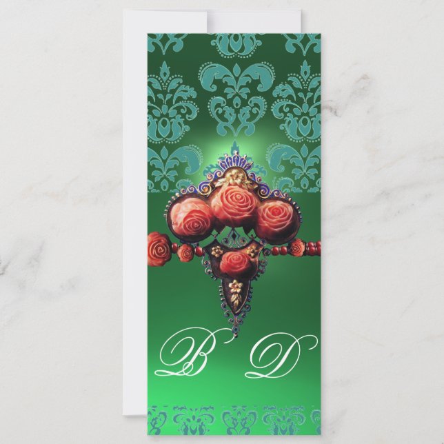 ROTE KORALE ROSE, BLAUE GREEN BLACK DAMASK MONOGRA EINLADUNG (Vorderseite)
