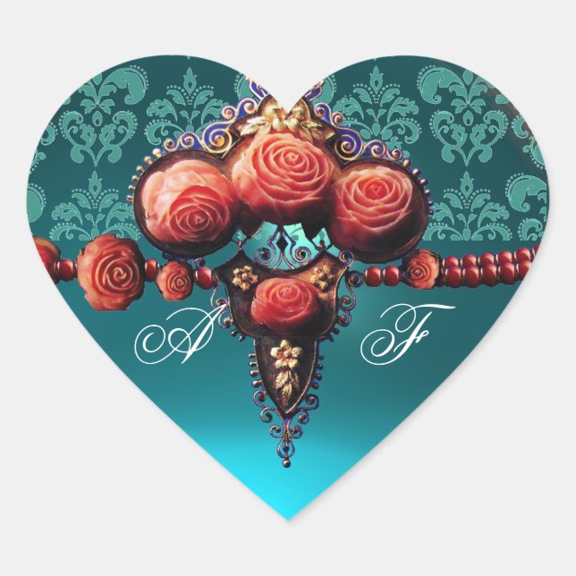 ROTE KORALE ROSE, BLUE BLACK DAMASK HERZMONOGRAMM Herz-Aufkleber (Vorderseite)