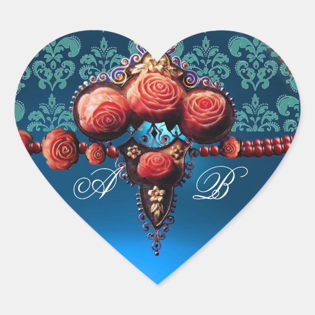 ROTE KORALE ROSE, BLUE BLACK DAMASK HERZMONOGRAMM Herz-Aufkleber (Vorderseite)