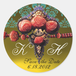ROTE KORALE ROSE, GELBE TOPAZ DAMASK-MONOGRAMM RUNDER AUFKLEBER