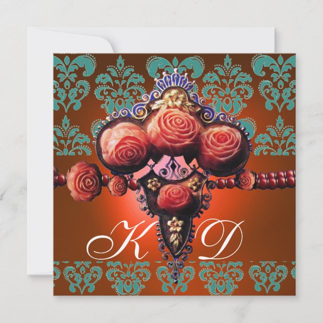 ROTE KORALE ROSE, ORANBLAUES BLACK DAMASK MONOGRAM EINLADUNG (Vorderseite)