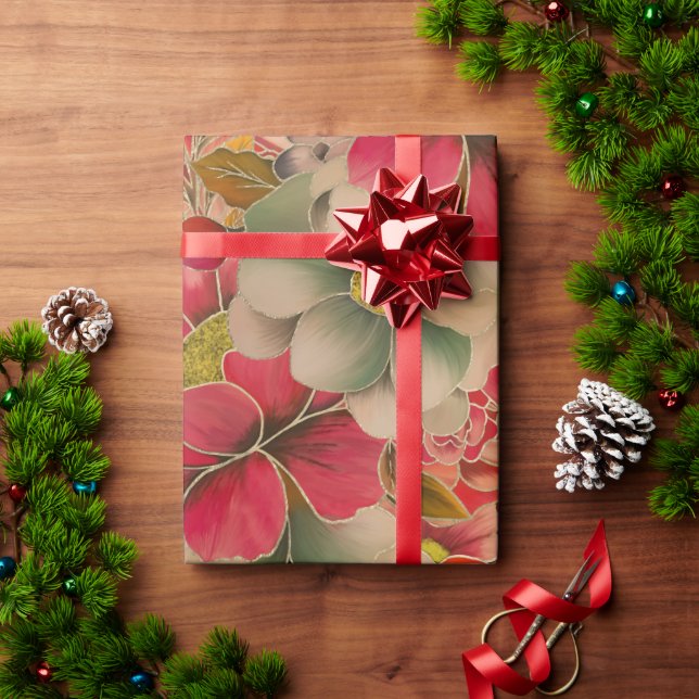 Rote Korallen, goldfarbene Aquarellfarben Geschenkpapier (Feiertagsgeschenk)