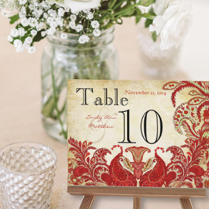 Rote Korallen-Lime Paisley Hochzeit Tischnummer