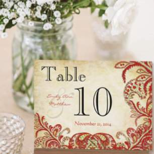 Rote Korallen-Lime-Paisley-Hochzeitstisch-Nummer Postkarte