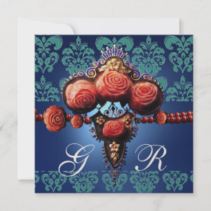 ROTE KORALLEN ROSEN, AQUA BLAUE GOLD DAMAST MONOGR EINLADUNG