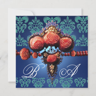 ROTE KORALLEN ROSEN, AQUA BLAUE SCHWARZE DAMAST MO EINLADUNG