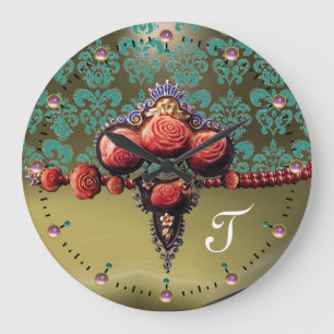 ROTE KORALLEN-ROSEN, BLAUES GRAU-DAMAST-MONOGRAMM GROßE WANDUHR