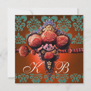 ROTE KORALLEN ROSEN, ORANGE BLAU GOLD DAMAST MONOG EINLADUNG