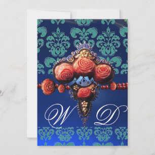 ROTE KORALLENROSEN, AQUA BLAUE SCHWARZE DAMAST-MON EINLADUNG