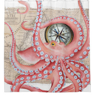 Rote Kraken-Vintager Karten-Kompass Duschvorhang