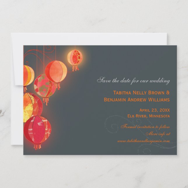 Rote Lanterns Kohle Gray Wedding Save the Date (Vorderseite)
