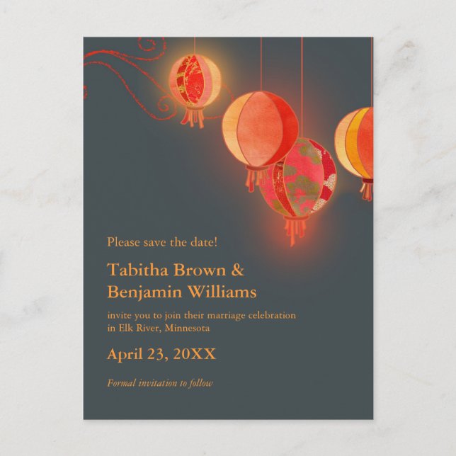 Rote Lanterns Kohle Gray Wedding Save the Date Ankündigungspostkarte (Vorderseite)