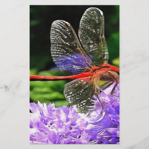 Rote Libelle auf Violet Purple Blumen Briefpapier