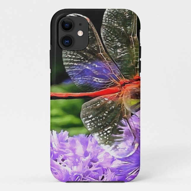 Rote Libelle auf Violet Purple Blumen Case-Mate iPhone Hülle (Rückseite)