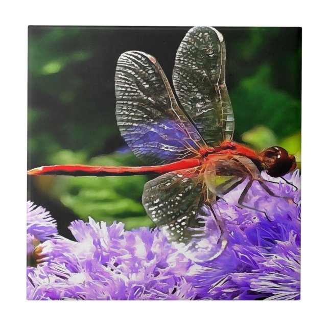 Rote Libelle auf Violet Purple Blumen Fliese (Vorderseite)
